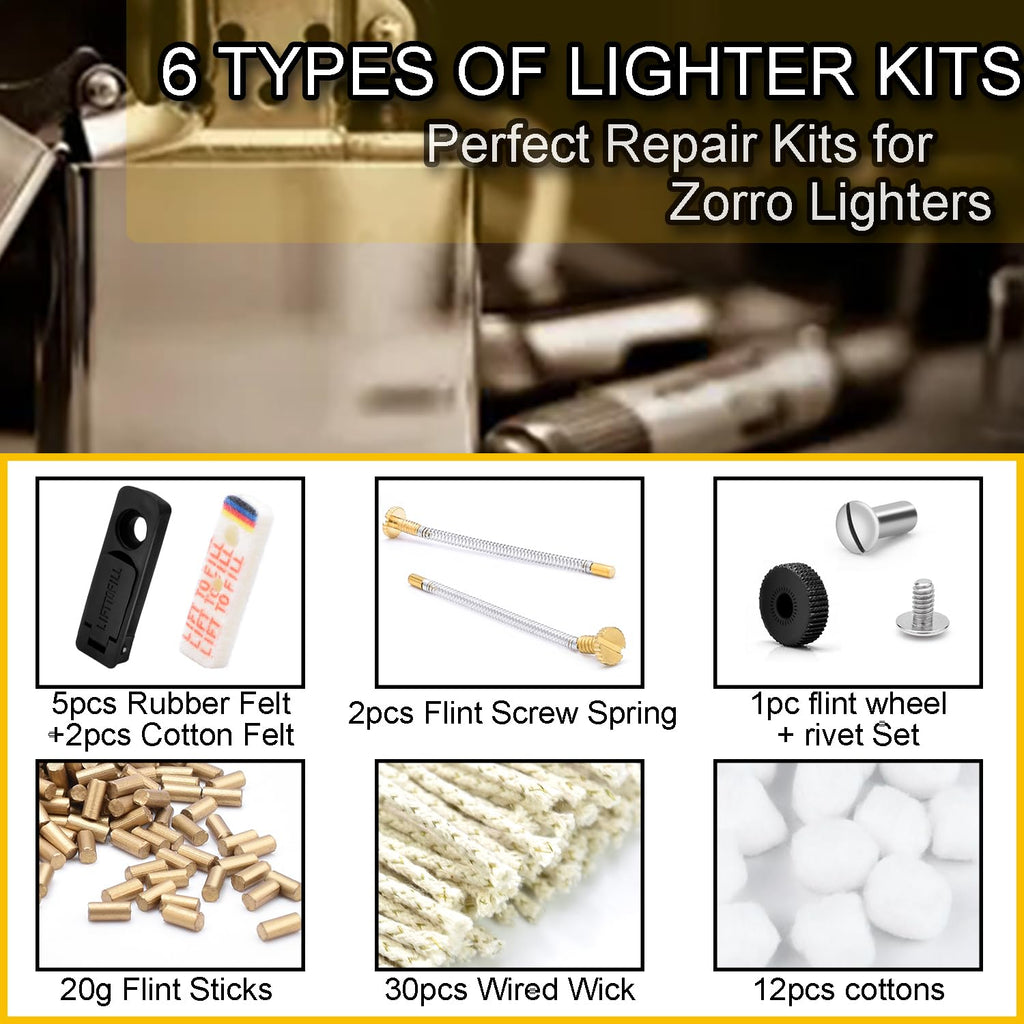 Universal Lighter Repair Kit for Petrol Lighter Flint Stones, Cotton Wick, Flint Spring Rubber Gaskets, Flint Striker Wheel, Felt Pad Wadding Cotton