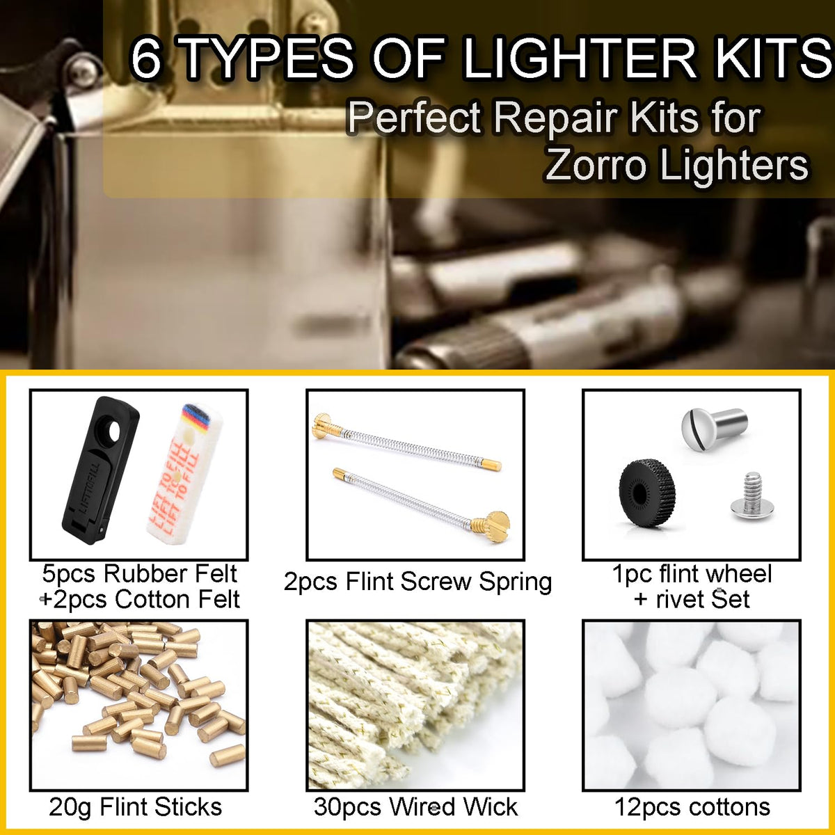 Universal Lighter Repair Kit for Petrol Lighter Flint Stones, Cotton Wick, Flint Spring Rubber Gaskets, Flint Striker Wheel, Felt Pad Wadding Cotton